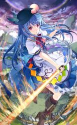  black_headwear blue_hair blue_skirt boots bow bowtie brown_footwear center_frills food frilled_skirt frills fruit fruit_punch full_body high_heels hinanawi_tenshi holding holding_sword holding_weapon keystone leaf long_hair open_mouth outdoors peach rainbow_gradient red_bow red_bowtie rope shimenawa short_sleeves skirt sword sword_of_hisou third-party_source touhou touhou_cannonball weapon 