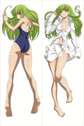  1girl ass back bad_feet bare_legs bare_shoulders barefoot blush breasts c.c. cleavage code_geass collarbone dakimakura_(medium) dress_shirt feet green_hair kneepits legs long_hair looking_at_viewer looking_back lying meimi_k naked_shirt navel no_bra no_panties on_back on_stomach one-piece_swimsuit open_clothes open_shirt parted_lips shirt smile soles swimsuit toes white_shirt yellow_eyes  rating:Questionable score:29 user:KXYZ