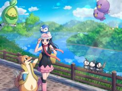  1girl :d bag beanie bird black_hair black_shirt blue_eyes boots budew buizel cloud commentary_request creatures_(company) dawn_(pokemon) day drifloon duffel_bag ebi-chan_(tvyd2583) fence floatzel game_freak gen_4_pokemon grass hat highres long_hair nintendo on_head open_mouth outdoors over-kneehighs pink_footwear pink_skirt piplup pokemon pokemon_(creature) pokemon_dppt pokemon_on_head reflection shirt skirt sky sleeveless sleeveless_shirt smile standing starly thighhighs walking water white_hat yellow_bag 