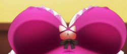 1girl blurry body_blush bow breasts close-up covered_erect_nipples depth_of_field female_focus from_below head_out_of_frame highres indoors large_breasts long_image maken-ki! nijou_aki screencap shade shiny_skin solo stitched takami_akio third-party_edit view_between_breasts wide_image rating:Questionable score:51 user:vincaddo
