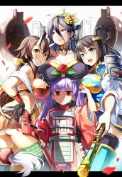 4girls :d armor armored_dress belt blue_dress blush breast_rest breastplate breasts breasts_on_head brown_hair chain chinese_clothes clenched_teeth dress emerane expressionless flower gigantic_breasts grin hair_between_eyes horns huge_breasts japanese_armor jitome letterboxed long_sleeves looking_at_viewer looking_to_the_side mole mole_under_eye multiple_girls oni_horns onigajo_(oshiro_project) open_mouth oshiro_project:re oshiro_project:re panties ponytail red_rose revealing_clothes rose shade shaded_face short_hair shoulder_pads simple_background smile staff taga_(oshiro_project) takiyama_(oshiro_project) tamonyama_(oshiro_project) teeth thighhighs twintails underwear white_background wide_sleeves rating:Sensitive score:4 user:danbooru