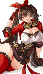  1girl absurdres alternate_breast_size alternate_hairstyle amber_(genshin_impact) belt blush breasts brown_eyes brown_gloves brown_hair brown_shorts cleavage cromwellb crossed_bangs genshin_impact gloves goggles hair_ribbon highres large_breasts long_hair looking_at_viewer open_mouth pouch red_ribbon ribbon short_shorts shorts shrug_(clothing) smile solo thick_thighs thighs twintails  rating:Sensitive score:61 user:danbooru