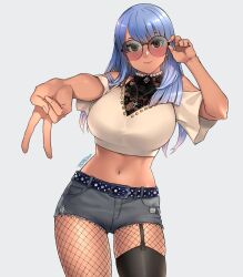  1girl adjusting_eyewear benikake_sora blue_hair breasts closed_mouth commission contrapposto cropped_shirt cross cross_necklace fishnet_pantyhose fishnets glasses gradient_hair grey_background grey_shorts gyaru_v highres indie_virtual_youtuber jewelry large_breasts looking_at_viewer midriff multicolored_hair multiple_necklaces navel necklace pantyhose pearl_necklace pink-tinted_eyewear round_eyewear short_shorts short_sleeves shorts signature simple_background single_thighhigh skeb_commission smile solo tachibana_roku thighhighs tinted_eyewear v virtual_youtuber 