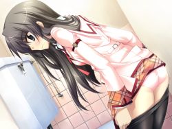 1girl ass black_hair black_pantyhose blush brown_eyes closed_mouth clothes_lift clothes_pull embarrassed from_behind game_cg indoors jacket kanna_(plum) long_hair looking_at_viewer looking_to_the_side miniskirt miwa_fuzuki panties pantyhose pantyhose_pull pink_jacket pink_panties plaid plaid_skirt pulling_own_clothes red_ribbon ribbon sakura_tale skirt skirt_lift solo tile_wall tiles toilet underwear undressing rating:Sensitive score:11 user:danbooru