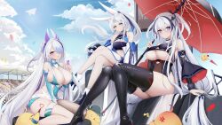  3girls absurdres anger_vein animal_ears azur_lane banchiyuebai baozi between_legs black_gloves black_hair black_thighhighs blue_eyes blush boots breasts brown_eyes bug butterfly confetti crop_top crossed_legs detached_sleeves elbing_(azur_lane) fingerless_gloves food gloves green_eyes grey_hair hair_over_one_eye hand_between_legs heterochromia high_ponytail highres hiryuu_(azur_lane) holding holding_umbrella huge_breasts insect large_breasts long_hair looking_at_viewer manjuu_(azur_lane) medium_hair multicolored_clothes multicolored_hair multiple_girls outdoors purple_hair rabbit_ears red_eyes revealing_clothes single_thighhigh sitting smile streaked_hair thigh_boots thigh_strap thighhighs umbrella underboob unzen_(azur_lane) very_long_hair wariza white_hair 