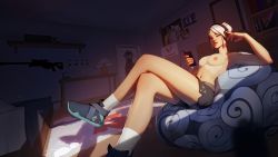  1girl absurdres armpits artist_request bare_shoulders breasts female_focus headphones highres indoors jett_(valorant) medium_breasts navel ponytail riot_games shorts grey_eyes socks solo topless valorant white_hair  rating:Explicit score:37 user:hnti_addict