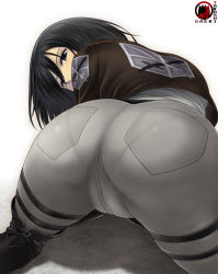1girl all_fours artist_name ass ass_focus black_eyes black_hair boots cameltoe crotch_seam emblem eyebrows eyelashes from_behind highres huge_ass jacket knee_boots looking_back mikasa_ackerman pants pantylines saeki_takashi shingeki_no_kyojin short_hair simple_background skin_tight solo sweat thigh_strap tight_clothes tight_pants white_background rating:Questionable score:642 user:danbooru