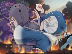  2girls black_hoodie blue_hoodie blue_sky blurry blurry_background blurry_foreground building cloud commentary day depth_of_field drawstring english_commentary fire flying_sweatdrops gawr_gura gawr_gura_(1st_costume) giant giantess hand_on_another&#039;s_face highres hololive hololive_english hood hood_up hoodie long_sleeves multiple_girls ninomae_ina&#039;nis ninomae_ina&#039;nis_(loungewear) official_alternate_costume outdoors puffy_long_sleeves puffy_sleeves romaji_commentary sky tentacles twitter_username varliet virtual_youtuber wide_sleeves 
