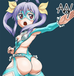 1girl anon-c anonychan antenna_hair ass ass_focus bare_shoulders blush_stickers brown_eyes clothing_cutout cosplay from_behind hair_ribbon leotard long_hair looking_back mask miyauchi_renge non_non_biyori purple_hair rainbow_mika rainbow_mika_(cosplay) ribbon shoulder_cutout solo street_fighter twintails wrestling_outfit rating:Questionable score:84 user:danbooru