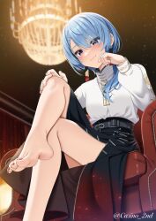  1girl armchair bare_legs barefoot black_skirt blue_eyes blue_hair blush casino_(casinoep) chair closed_mouth crossed_legs earrings feet foot_focus foreshortening from_below highres hololive hoshimachi_suisei hoshimachi_suisei_(oriental_suit) indoors jacket jewelry long_hair long_sleeves nail_polish red_nails revision sitting skirt soles solo star_(symbol) star_in_eye symbol_in_eye toenail_polish toenails toes twitter_username virtual_youtuber white_jacket 