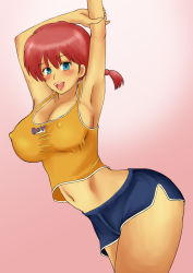  1girl blue_eyes blush braid breasts cleavage covered_erect_nipples gender_request genderswap happy highres large_breasts lips looking_at_viewer momo_765 navel no_bra ranma-chan ranma_1/2 red_hair saotome_ranma shirt shorts single_braid smile solo taut_clothes taut_shirt  rating:Sensitive score:31 user:Ynyswydryn