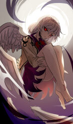 1girl absurdres ass bare_legs bow braid brooch closed_mouth collared_shirt dark ears expressionless feathered_wings feathers feet french_braid glaring highres hugging_own_legs ichirugi jacket jewelry kishin_sagume knees knees_up legs long_sleeves looking_at_viewer midair nose nsl_mgh red_bow red_eyes shirt short_hair single_wing skirt solo thighs toes touhou white_hair wings