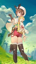 1girl :d absurdres ass atelier_(series) atelier_ryza atelier_ryza_1 belt blue_sky brown_belt brown_eyes brown_gloves brown_hair brown_thighhighs cloud day from_behind gloves grass hair_ornament hairclip hat highres looking_at_viewer open_mouth outdoors red_shorts reisalin_stout short_hair short_shorts shorts single_glove sky smile solo standing teeth thighhighs thighs upper_teeth_only white_hat white_thighhighs wind_gone_rain_cease rating:Sensitive score:8 user:danbooru