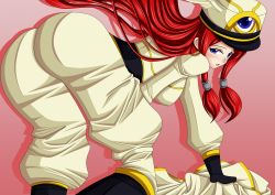 1girl all_fours arc_system_works ass blazblue blue_eyes blush boots breasts cape female_focus from_behind gloves hair_tubes hat highres huge_ass large_breasts long_hair looking_back open_mouth pants parted_lips red_hair seraphina shadow sideboob solo tsubaki_yayoi uniform rating:Questionable score:14 user:armorcrystal