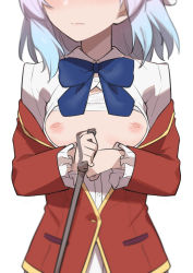 1girl blazer blue_bow blue_bowtie blue_hair bow bowtie breasts breasts_apart breasts_out cane center_opening closed_mouth collared_shirt head_out_of_frame highres holding holding_cane jacket lips long_hair long_sleeves morisobo nipples off_shoulder red_jacket sakayanagi_arisu shirt simple_background small_breasts solo upper_body white_background white_shirt youkoso_jitsuryoku_shijou_shugi_no_kyoushitsu_e rating:Explicit score:141 user:danbooru