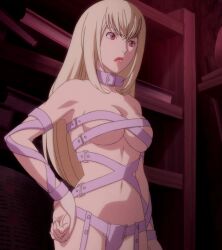  1girl annoyed artemis_(junketsu_no_maria) blonde_hair breasts cleavage hand_on_own_hip highres junketsu_no_maria large_breasts legs long_hair navel pink_lips red_eyes solo stitched thighs third-party_edit underboob 