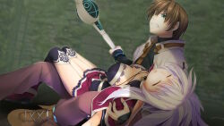  1boy 1girl alto_travers atelier-moo belt breasts brown_hair carrying cloak closed_eyes closed_mouth dark_elf elf full_body garter_straps green_eyes hair_between_eyes holding holding_staff large_breasts long_hair long_pointy_ears long_sleeves lying miniskirt pointy_ears princess_carry purple_cloak purple_hair short_hair silvia_milsteen skirt staff thighhighs thighs unconscious very_long_hair wizards_symphony zettai_ryouiki 