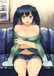 10s 1girl :o aaru_(tenrake_chaya) areola_slip bare_shoulders blue_eyes blue_hair blue_panties blue_skirt blush breasts_squeezed_together breasts cleavage collarbone couch crossed_arms curvy female_focus heart heart-shaped_pupils highres indoors japanese_clothes kantai_collection kimono large_breasts looking_at_viewer matching_hair/eyes navel off_shoulder on_couch open_clothes open_kimono open_mouth panties pantyshot pleated_skirt short_hair sitting skirt solo souryuu_(kancolle) stomach symbol-shaped_pupils two_side_up underwear white_panties rating:Questionable score:26 user:danbooru