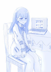  10s 1girl blue_theme blush bow bowtie chair closed_mouth computer covering_privates covering_crotch embarrassed female_focus gridman_universe highres jacket laptop long_hair monochrome pixiv scrunchie sitting solo ssss.gridman sweatdrop table takarada_rikka truth viperxtr wrist_scrunchie  rating:Sensitive score:10 user:danbooru
