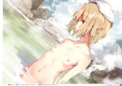 1girl :o absurdres alternate_hairstyle arms_at_sides bath bathing blonde_hair blush breasts collarbone completely_nude day dutch_angle eyes_visible_through_hair forest green_eyes groin hair_down hair_over_one_eye highres ke-ta looking_away mizuhashi_parsee nature navel nipples non-web_source nude onsen open_mouth outdoors partially_submerged pointy_ears profile ripples rock short_hair small_breasts solo steam touhou towel towel_on_head translated tree water wet white_towel rating:Questionable score:81 user:danbooru