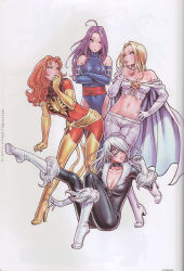  4girls :o ;p absurdres ahoge animification bare_shoulders bent_over bird black_cat_(marvel) blonde_hair blue_eyes blue_gloves blue_legwear blue_leotard blush bodysuit boots breasts cape choker claws cleavage corset covered_navel covering_own_mouth crop_top cross-laced_clothes crossed_arms crossover dark_phoenix elbow_gloves elizabeth_braddock emma_frost eye_contact felicia_hardy full_body fur_trim gloves hair_over_one_eye hand_on_own_hip hand_over_own_mouth high_heels highres jean_grey knee_boots kotobukiya_bishoujo large_breasts leg_lift leg_up leotard long_hair looking_at_another marvel mask midriff multiple_girls navel ninja non-web_source off_shoulder one_eye_closed open_mouth orange_eyes orange_hair pants parted_lips phoenix psylocke purple_hair sarong sash simple_background sitting skin_tight spider-man_(series) standing standing_on_one_leg superhero_costume thigh_boots thighhighs tongue tongue_out turtleneck white_background white_gloves white_hair white_legwear x-men yamashita_shun&#039;ya yellow_gloves yellow_legwear zipper 