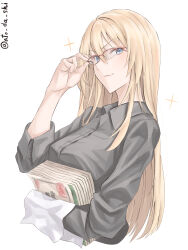  1girl absurdres atodashi bismarck_(kancolle) blonde_hair blue_eyes book breasts closed_mouth commentary_request glasses grey_shirt hair_between_eyes highres holding holding_book kantai_collection large_breasts long_hair long_sleeves shirt smile solo sparkle twitter_username upper_body white_background 