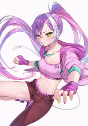  1girl absurdres asymmetrical_clothes braid braided_bangs breasts cleavage closed_mouth commentary_request cosplay demon_girl demon_tail earclip ed_(street_fighter) ed_(street_fighter)_(cosplay) floating_hair green_eyes green_nails hand_wraps high_ponytail highres hololive hood hooded_jacket jacket jewelry long_hair long_sleeves looking_at_viewer multicolored_hair navel navel_piercing necklace open_clothes open_jacket pants piercing pink_footwear pink_hair pink_jacket pink_nails pink_sports_bra pointy_ears purple_hair red_pants runlan_0329 simple_background single_pantsleg sleeves_past_elbows solo sports_bra streaked_hair street_fighter street_fighter_6 tail tokoyami_towa very_long_hair virtual_youtuber white_background white_hair 