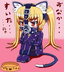 1girl animal_ears bdsm blonde_hair blush_stickers bondage bound bowl cat_ears cat_girl cat_tail chibi chimotabo_no_mago collar cuffs fake_animal_ears female_focus gag gagged gimpsuit high_heels latex loli original pet_bowl plug_gag red_eyes shoes solo tail translated twintails rating:Questionable score:43 user:lkjh098