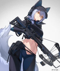  1girl animal_ears arknights artist_name baseball_cap black_hat black_pants black_shirt bow_(weapon) cowboy_shot cropped_shirt crossbow dutch_angle grey_background hat headset highres holding holding_crossbow holding_weapon holster implied_extra_ears large_tail looking_down midriff navel nian_(zhanian) pants provence_(arknights) purple_hair shadow shirt simple_background skindentation solo stomach tail weapon wolf_ears wolf_girl wolf_tail yellow_eyes  rating:Sensitive score:22 user:buster2222