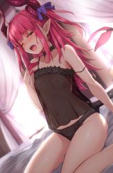 1girl arm_support asymmetrical_horns backlighting black_camisole black_panties blue_eyes blush breasts camisole collarbone commentary_request curled_horns curtains dragon_girl dragon_horns dragon_tail dutch_angle elizabeth_bathory_(fate) elizabeth_bathory_(fate/extra_ccc) fate/extra fate/extra_ccc fate/grand_order fate_(series) half-closed_eye highres horns indoors looking_at_viewer maru_(maru1625) navel nipples on_bed one_eye_closed open_mouth panties pink_hair pointy_ears see-through sitting small_breasts solo strap_slip tail two_side_up underwear underwear_only uneven_horns wariza rating:Questionable score:51 user:danbooru
