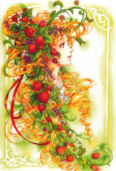  1girl absurdres aqua_eyes berry blonde_hair blue_eyes border colorful copyright_request curly_hair eyeliner flower food food-themed_hair_ornament from_side fruit hair_ornament highres lace_trim lips long_hair looking_away makeup nao_tsukiji parted_lips plant portrait profile solo source_request strawberry strawberry_blossoms strawberry_hair_ornament 
