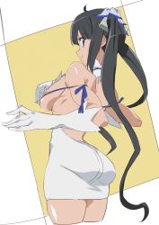 10s 1girl ass back backless_outfit bare_back black_hair blue_eyes breasts dress dungeon_ni_deai_wo_motomeru_no_wa_machigatteiru_darou_ka covered_erect_nipples female_focus from_behind gloves hair_ornament hestia_(danmachi) hibimegane highres large_breasts long_hair looking_at_viewer looking_back rei_no_himo ribbon short_dress sideboob smile solo twintails white_dress white_gloves rating:Questionable score:29 user:danbooru