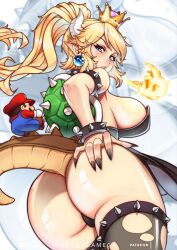  1boy 1girl armlet ass ass_focus bare_arms bare_shoulders black_nails blonde_hair blue_eyes blue_overalls bowsette bracelet breasts breath_weapon breathing_fire brown_footwear brown_hair crown earrings facial_hair fingernails fire from_behind gloves hat high_ponytail horns jewelry large_breasts long_fingernails long_hair long_sleeves looking_at_viewer looking_back mario mario_(series) mikeymegamega mustache nail_polish new_super_mario_bros._u_deluxe nintendo overalls patreon_username pointy_ears princess red_hat red_shirt sharp_fingernails shiny_skin shirt size_difference spiked_armlet spiked_bracelet spiked_shell spiked_tail spiked_thighlet spikes super_crown tail thighlet turtle_shell white_gloves zoom_layer 