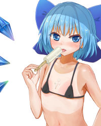 &gt;:p 1girl :p armpits bare_shoulders bikini black_bikini blue_bow blue_eyes blue_hair blush bow cirno collarbone crystal detached_wings eating eyebrows flat_chest food hair_bow highres holding holding_food ice ice_cream ice_wings licking looking_at_viewer maeshimashi matching_hair/eyes micro_bikini navel nose_blush popsicle short_hair simple_background solo stomach sunburn swimsuit tan tanline tongue tongue_out touhou v-shaped_eyebrows white_background wings rating:Sensitive score:19 user:danbooru