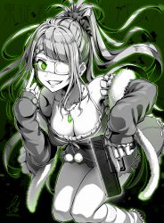 absurdres breasts cleavage divine_gate ebiblue eyepatch glock green_eyes gun highres jewelry necklace ponytail teeth thighs weapon