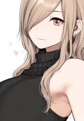 1girl armpits black_sweater brown_hair closed_mouth earrings hair_over_one_eye heart highres jewelry long_hair looking_at_viewer mole mole_on_armpit one_eye_covered original red_eyes sleeveless sleeveless_sweater smile solo sunaba_suzume sweater upper_body rating:Sensitive score:58 user:danbooru