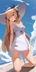 1girl absurdres ahoge bare_shoulders beach black_choker blonde_hair blue_sky blunt_ends breasts choker commentary_request day dress feet hair_between_eyes hair_ornament hat hat_ribbon heart heart_ahoge highres kneeling long_hair looking_at_viewer niliu_chahui ocean open_mouth outdoors red_eyes ribbon sky small_breasts solo strap_slip summer sun_hat sundress thighs white_dress x_hair_ornament  rating:Sensitive score:8 user:danbooru