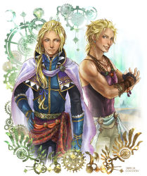  2boys blonde_hair blue_eyes bracelet brothers cape cocoon_(yuming4976) earrings edgar_roni_figaro final_fantasy final_fantasy_vi fingerless_gloves gears gloves grin hair_ribbon hand_on_own_hip jewelry king long_hair long_sleeves looking_at_viewer looking_to_the_side male_focus sabin_rene_figaro monk multiple_boys muscular muscular_male pants ponytail ribbon short_hair siblings smile tank_top twins 