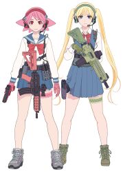  2girls arms_at_sides assault_rifle azuma_kiyohiko belt belt_pouch black_belt blonde_hair blue_dress blue_eyes blue_sailor_collar blue_skirt blush boots bow bowtie breasts chest_harness closed_mouth collarbone collared_shirt commentary dress dress_shirt expressionless frown glock gloves green_gloves grey_footwear gun h&amp;k_hk416 handgun harness headphones headset high_tops highres holding holding_gun holding_weapon holster holstered howa_type_89 light_blush long_hair long_sleeves looking_at_viewer microphone multiple_girls official_art pinafore_dress pink_gloves pink_hair pleated_dress pleated_skirt pouch red_bow red_bowtie red_eyes reset_(wonder_festival) rifle sailor_collar school_uniform shirt shoes short_hair side-by-side simple_background skirt sleeveless sleeveless_dress small_breasts sneakers standing straight-on strap tactical_clothes thigh_holster thigh_strap trigger_discipline twintails very_long_hair walkie-talkie wanda_(wonder_festival) weapon white_background white_shirt wonder_festival wonder_festival_mascots 