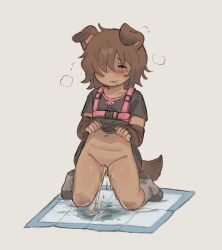  1girl animal_ears belly blush brown_hair clothes_lift dark-skinned_female dark_skin dog_ears dog_girl dog_tail facing_viewer happy_peeing harness kneeling loli messy_hair navel no_panties no_pants original partially_undressed peeing pussy shirt_lift smile snugglepuff28 socks tail 