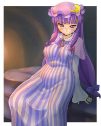1girl adder bed belly blush breasts capelet covered_erect_nipples dress hair_ribbon hat highres hip_focus light long_hair long_sleeves looking_at_viewer mob_cap patchouli_knowledge pillow purple_hair red_eyes ribbon sidelocks sitting solo striped_clothes striped_dress thighs touhou tress_ribbon very_long_hair