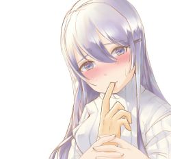 1girl bad_id bad_twitter_id blush commentary_request doki_doki_literature_club finger_in_another&#039;s_mouth finger_sucking hair_between_eyes hair_ornament hairclip hand_grab head_tilt long_hair looking_at_viewer pov purple_eyes purple_hair ribbed_sweater rowtori simple_background solo_focus sweater white_background white_sweater yuri_(doki_doki_literature_club) rating:Sensitive score:4 user:danbooru