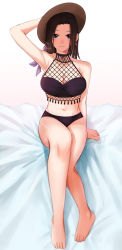  absurdres bang_dream! bed_sheet belly bikini black_bikini blue_eyes bow brown_hair earrings fishnet_fabric hand_on_headwear hat highres jewelry layer_(bang_dream!) leaning_back looking_at_viewer plum_(lee5145555) purple_bow straw_hat swimsuit wakana_rei 