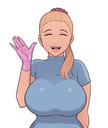  1girl blonde_hair breasts closed_eyes facing_viewer female_focus gloves highres large_breasts looking_at_viewer mare_ten maya_(mare_ten) nurse open_mouth pink_gloves ponytail rubber_gloves smile solo straight-on waving  rating:Questionable score:10 user:Failure100