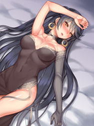  1girl arm_up armpits bad_id bad_pixiv_id bare_shoulders bed_sheet black_dress black_hair blush breasts choker cleavage collarbone covered_navel dress earrings elbow_gloves folks_(nabokof) gloves grey_gloves jewelry long_hair lying medium_breasts nose_blush official_alternate_costume on_back solo strapless strapless_dress tales_of_(series) tales_of_berseria velvet_crowe very_long_hair yellow_eyes  rating:Sensitive score:31 user:danbooru