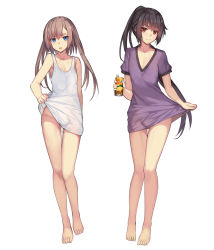  2boys :o asymmetrical_bangs bare_arms bare_legs bare_shoulders barefoot black_hair blue_eyes blush brown_hair bulge can clothes_lift collarbone commentary_request dress dress_lift drink_can full_body gluteal_fold groin highres holding lifted_by_self long_hair looking_at_viewer male_focus multiple_boys musyne_xsk no_panties open_mouth original purple_dress red_eyes short_sleeves simple_background sleeveless sleeveless_dress soda_can standing testicle_peek thigh_gap trap v-neck v-shaped_eyebrows very_long_hair white_background  rating:Questionable score:83 user:danbooru