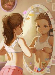 1girl adjusting_bra adjusting_clothes alkemanubis bow bow_bra bra bra_lift breasts brown_eyes brown_hair drawing_(object) highres lifting_own_clothes loli looking_at_mirror magnet mirror navel original parted_lips pink_skirt pleated_skirt ponytail reflection skirt small_breasts solo sticker sticky_note stomach training_bra underwear rating:Questionable score:671 user:danbooru