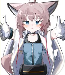  1girl :o absurdres ahoge animal_ears arknights black_choker blue_dress blue_eyes blush breasts brown_hair choker collarbone dress flying_sweatdrops fox_ears fox_girl fox_tail gloves highres jacket looking_at_viewer open_clothes open_jacket outstretched_arms parted_lips simple_background small_breasts solo spam_(spamham4506) sussurro_(arknights) sweat tail white_background white_gloves white_jacket 
