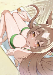  1girl absurdres alternate_costume animal_ears bare_shoulders barefoot beach_chair bikini blush breasts brown_hair cleavage commentary_request feet from_above green_bikini hair_between_eyes highres horse_ears horse_girl horse_tail knees_together_feet_apart large_breasts looking_at_viewer looking_up multicolored_hair newon outdoors sand satono_diamond_(umamusume) smile solo streaked_hair swimsuit tail thighs umamusume white_hair yellow_eyes 