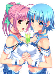 2girls absurdres between_breasts blue_eyes blue_hair blush bow breast_press breasts choker cleavage crop_top drink drinking_straw hair_bow highres himuro_rikka hinata_hanabi holding_hands interlocked_fingers koutaro midriff multiple_girls nail_polish o-ring o-ring_top ponytail red_eyes red_hair sexually_suggestive simple_background symmetrical_docking tropical_kiss waitress wrist_cuffs rating:Questionable score:101 user:danbooru